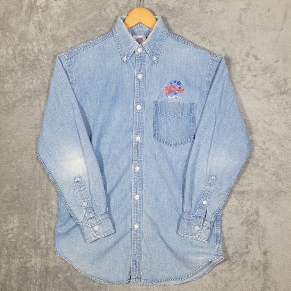Vintage Planet Hollywood Shirt Mens Large Button Down Blue Denim Nashville TN